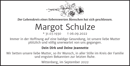 Traueranzeige von Margot Schulze von Trauerkombi Wittenberg