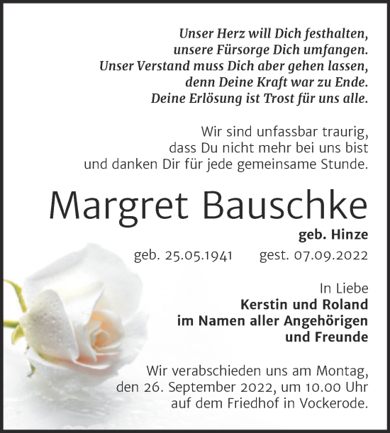 Traueranzeige von Margret Bauschke von Trauerkombi Wittenberg