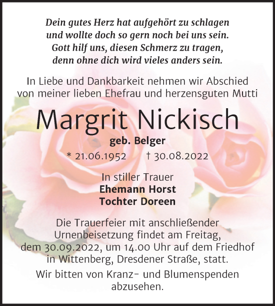 Traueranzeige von Margrit Nickisch von Trauerkombi Wittenberg
