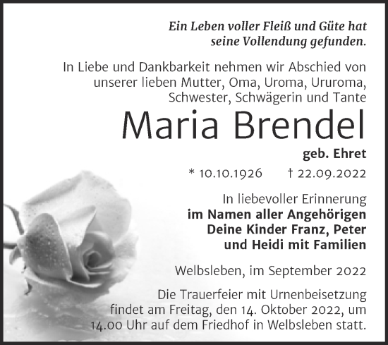 Traueranzeige von Maria Brendel von Trauerkombi Mansfelder Land