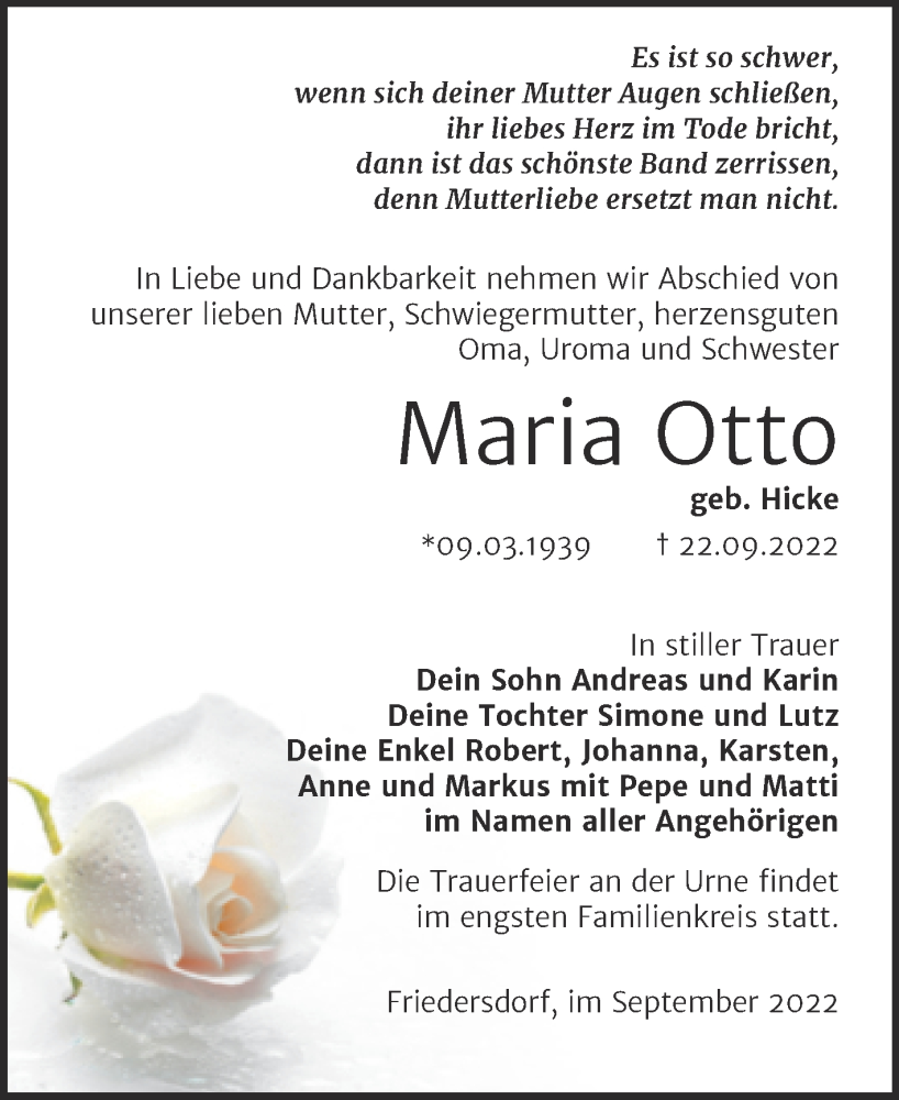  Traueranzeige für Maria Otto vom 24.09.2022 aus Trauerkombi Bitterfeld