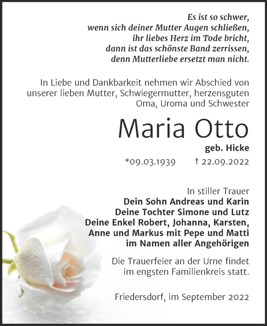 Traueranzeige von Maria Otto von Trauerkombi Bitterfeld