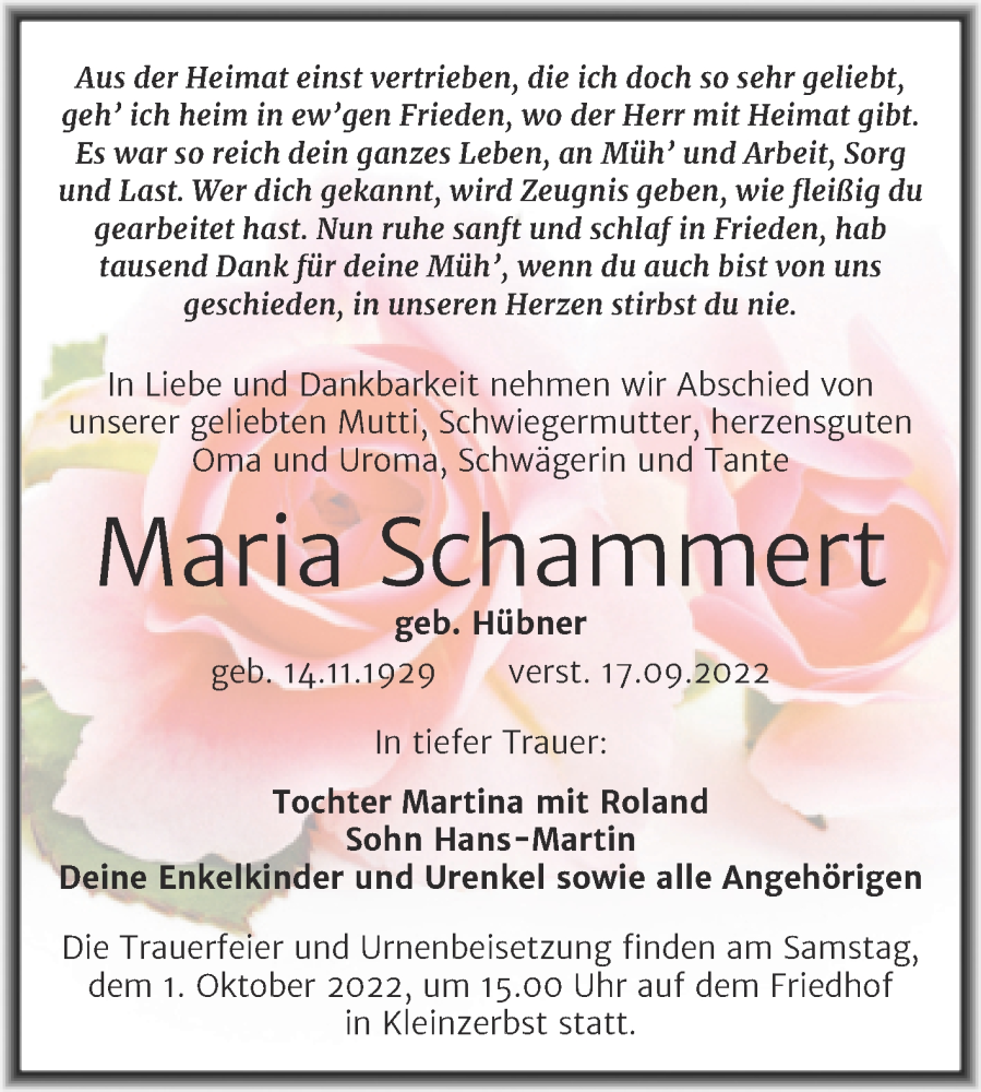  Traueranzeige für Maria Schammert vom 20.09.2022 aus Trauerkombi Köthen