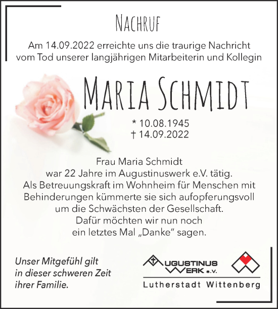 Traueranzeige von Maria Schmidt von Super Sonntag Wittenberg