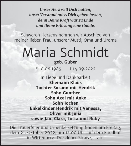 Traueranzeige von Maria Schmidt von Trauerkombi Wittenberg