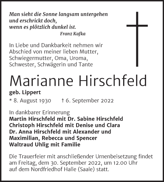 Traueranzeige von Marianne Hirschfeld von Mitteldeutsche Zeitung Halle/Saalkreis