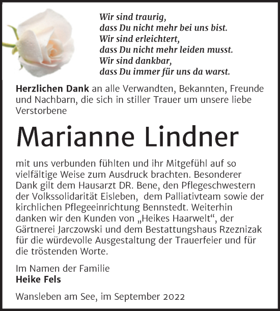 Traueranzeige von Marianne Lindner von Trauerkombi Mansfelder Land