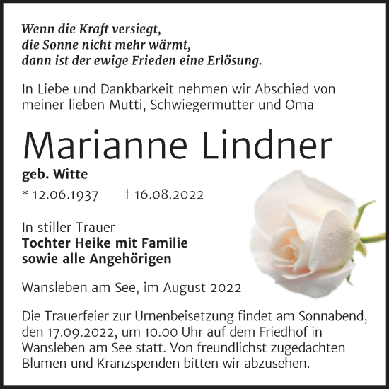 Traueranzeige von Marianne Lindner von Trauerkombi Mansfelder Land
