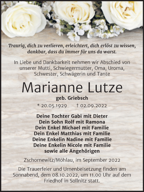 Traueranzeige von Marianne Lutze von Trauerkombi Dessau