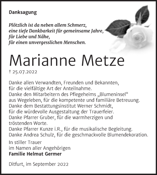 Traueranzeige von Marianne Metze von Trauerkombi Quedlinburg
