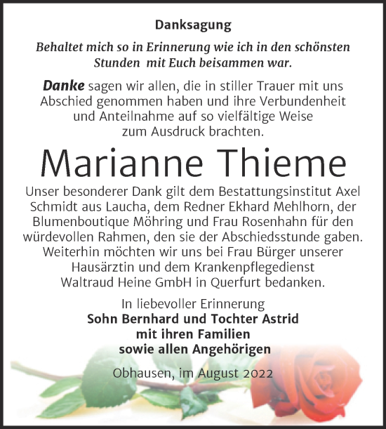 Traueranzeige von Marianne Thieme von Trauerkombi Merseburg
