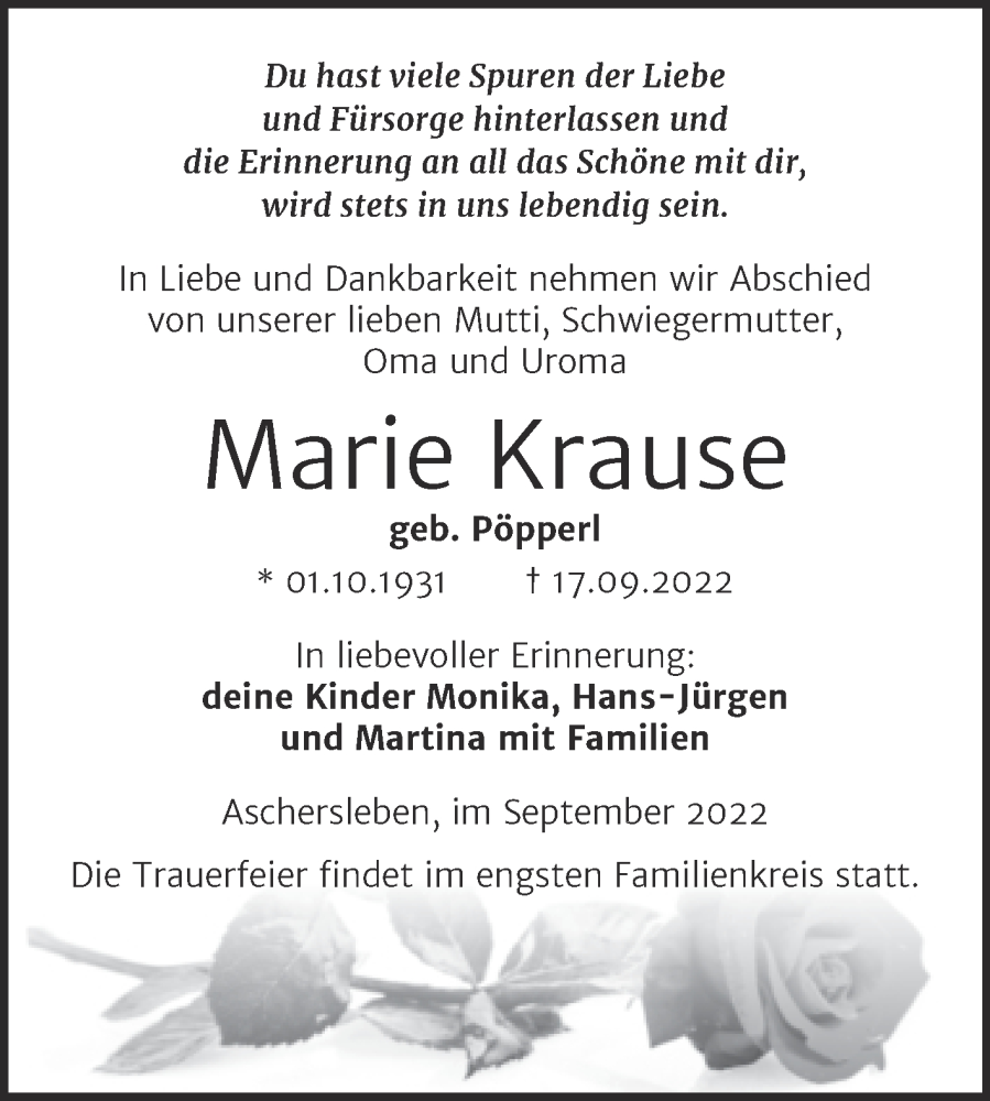  Traueranzeige für Marie Krause vom 24.09.2022 aus Trauerkombi Aschersleben