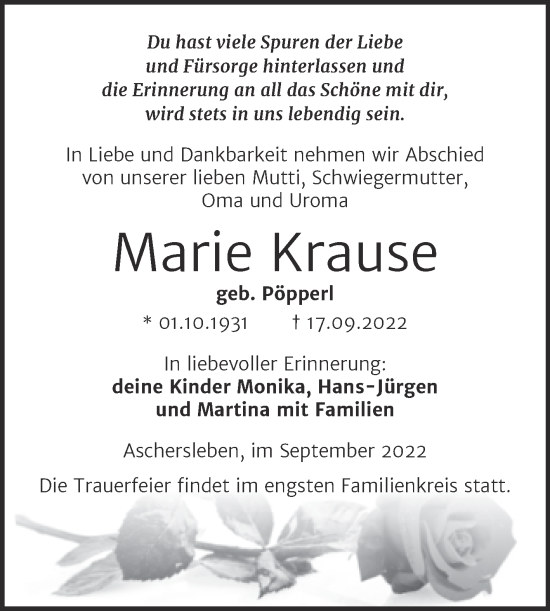 Traueranzeige von Marie Krause von Trauerkombi Aschersleben