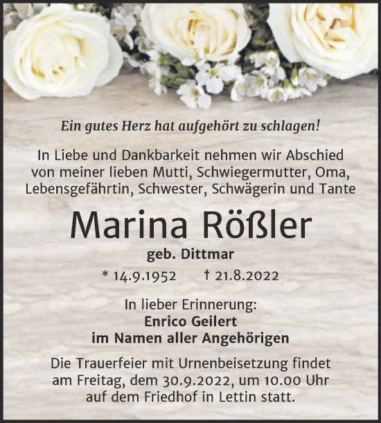 Traueranzeige von Marina Rößler von Mitteldeutsche Zeitung Halle/Saalkreis
