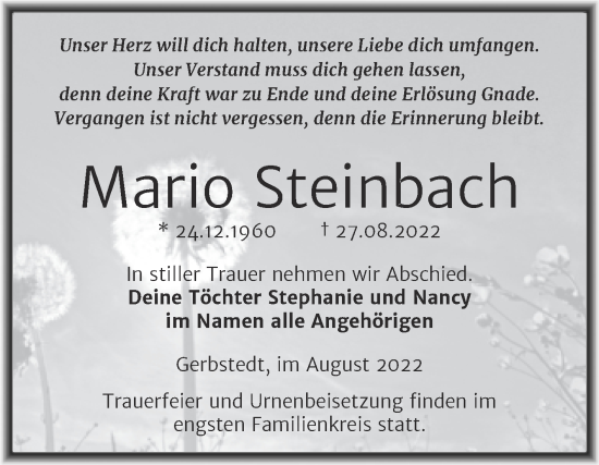 Traueranzeige von Mario Steinbach von Trauerkombi Mansfelder Land