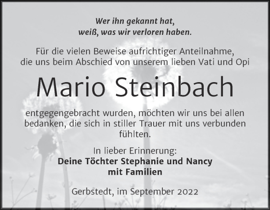 Traueranzeige von Mario Steinbach von Trauerkombi Mansfelder Land