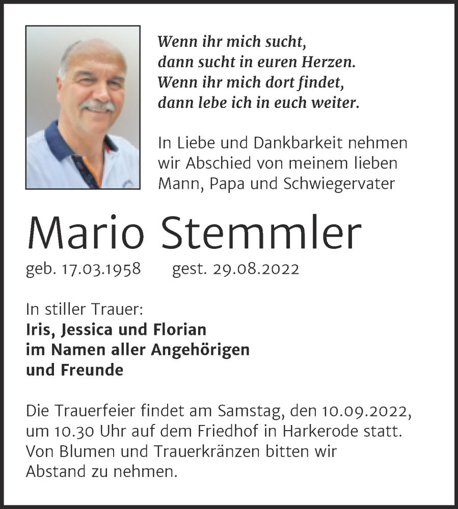  Traueranzeige für Mario Stemmler vom 03.09.2022 aus Trauerkombi Aschersleben