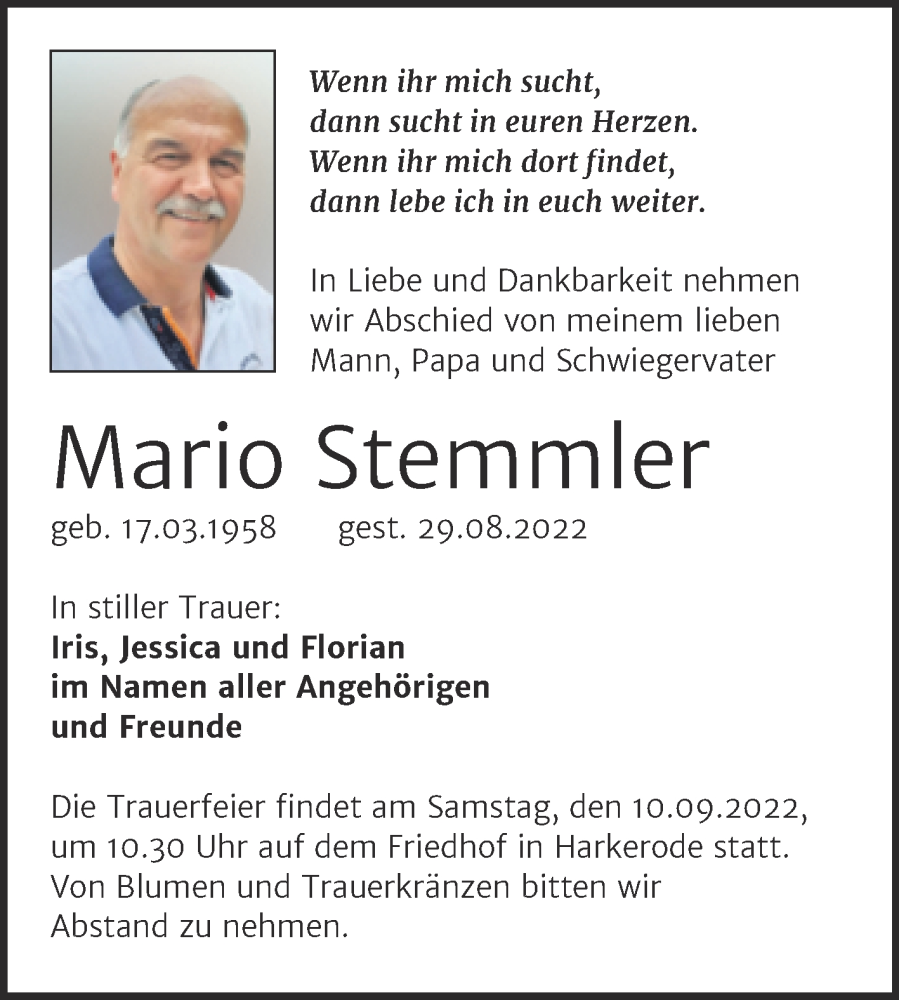  Traueranzeige für Mario Stemmler vom 07.09.2022 aus Trauerkombi Aschersleben