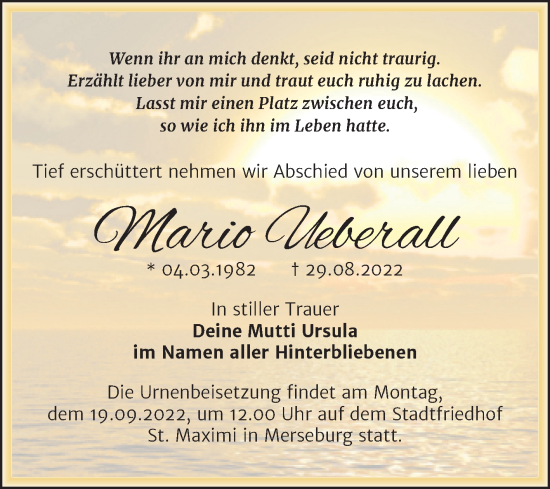 Traueranzeige von Mario Ueberall von Trauerkombi Merseburg