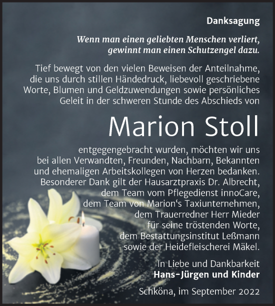Traueranzeige von Marion Stoll von Trauerkombi Wittenberg