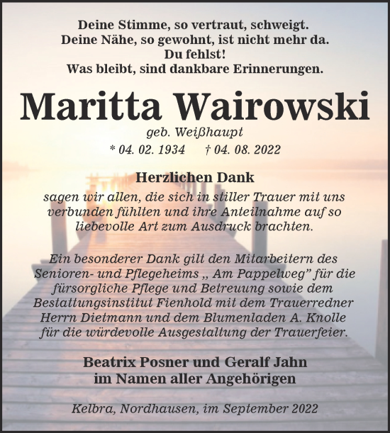 Traueranzeige von Maritta Wairowski von Mitteldeutsche Zeitung Sangerhausen