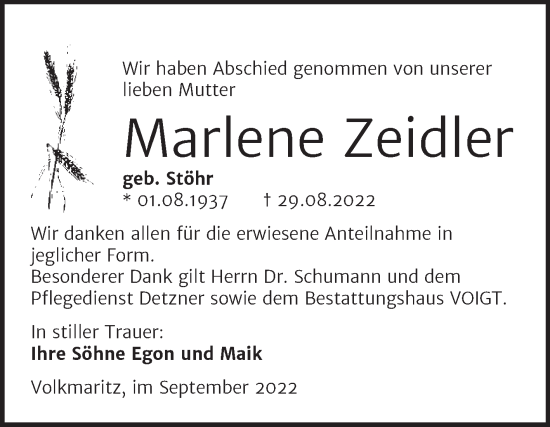 Traueranzeige von Marlene Zeidler von Trauerkombi Mansfelder Land