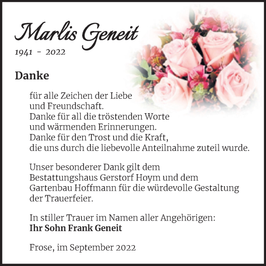Traueranzeige von Marlis Geneit von Trauerkombi Aschersleben