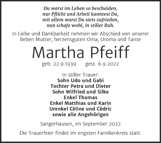Traueranzeige von Martha Pfeiff von Trauerkombi Sangerhausen