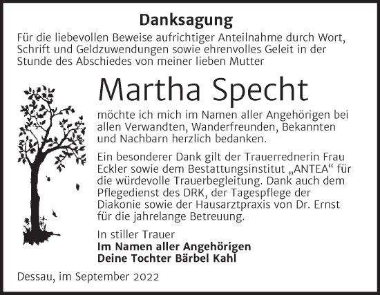 Traueranzeige von Martha Specht von Trauerkombi Dessau
