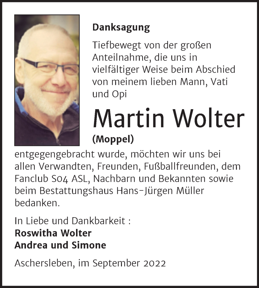  Traueranzeige für Martin Wolter vom 01.09.2022 aus Trauerkombi Aschersleben