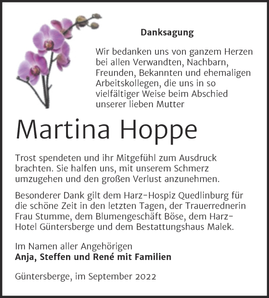 Traueranzeige von Martina Hoppe von Trauerkombi Quedlinburg