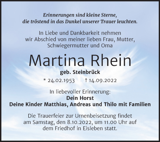 Traueranzeige von Martina Rhein von Trauerkombi Mansfelder Land