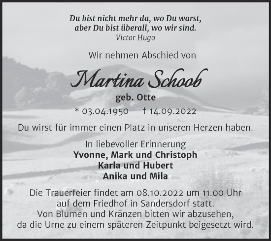 Traueranzeige von Martina Schoob von Trauerkombi Bitterfeld