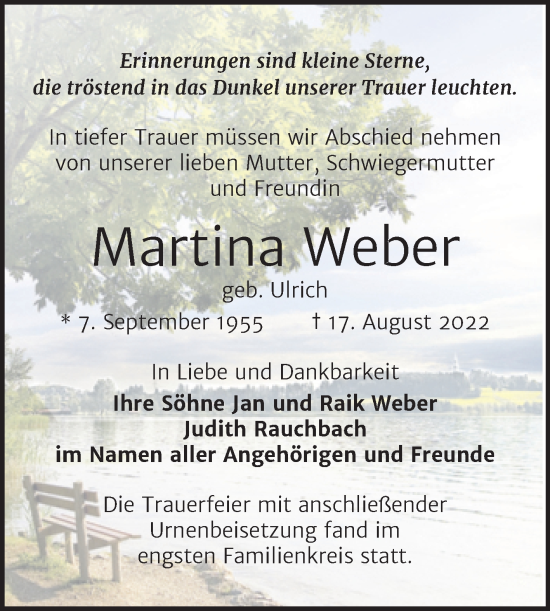 Traueranzeige von Martina Weber von Mitteldeutsche Zeitung Halle/Saalkreis