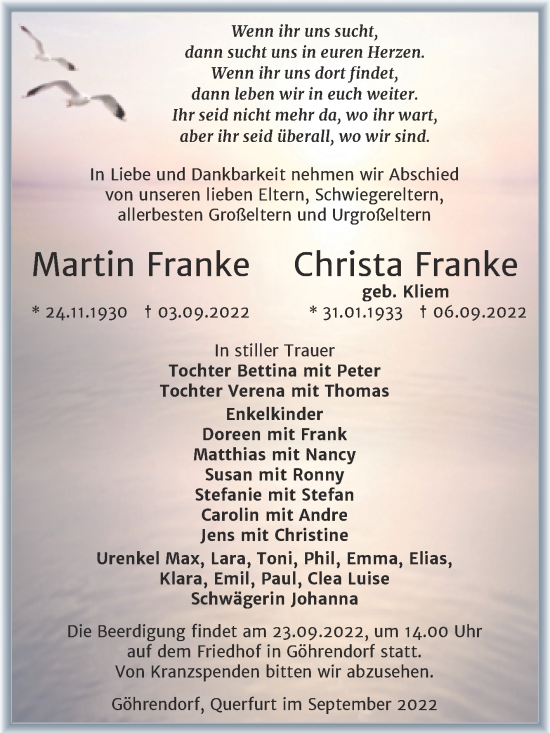 Traueranzeige von Martin und Christa Franke von Trauerkombi Merseburg
