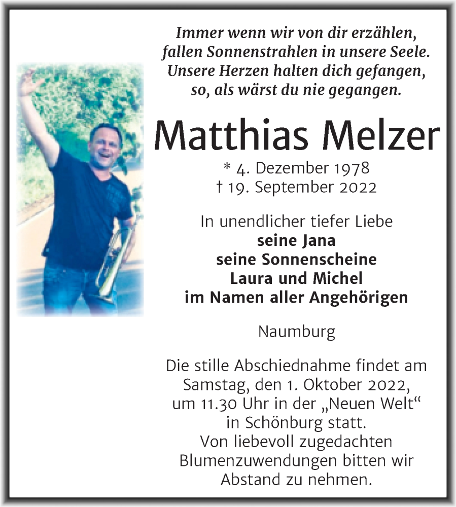  Traueranzeige für Matthias Melzer vom 28.09.2022 aus Wochenspiegel Naumburg/Nebra