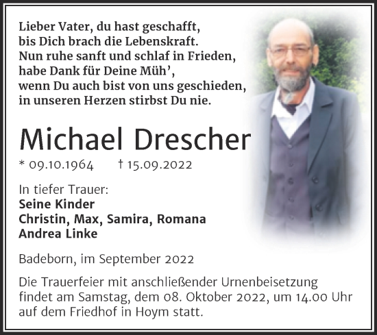 Traueranzeige von Michael Drescher von Trauerkombi Quedlinburg