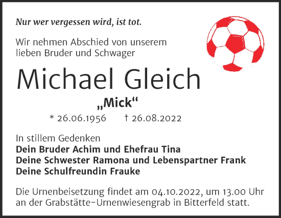 Traueranzeige von Michael Gleich von Trauerkombi Bitterfeld