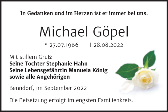 Traueranzeige von Michael Göpel von Trauerkombi Mansfelder Land