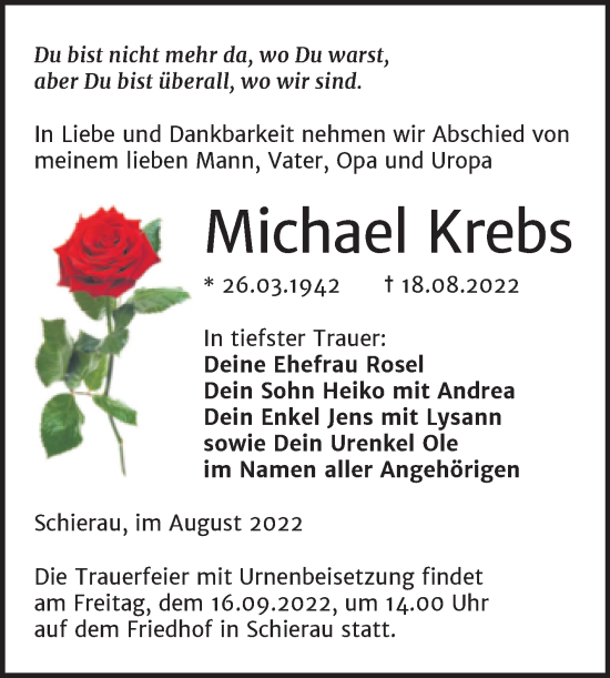 Traueranzeige von Michael Krebs von Trauerkombi Bitterfeld