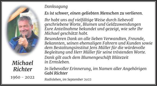 Traueranzeige von Michael Richter von Trauerkombi Quedlinburg