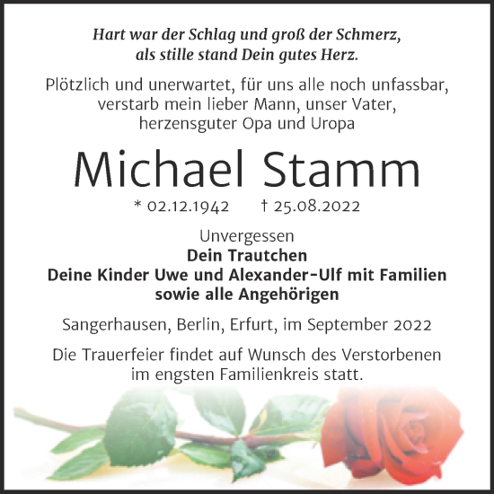 Traueranzeige von Michael Stamm von Trauerkombi Sangerhausen
