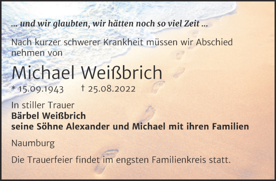 Traueranzeige von Michael Weißbrich von Wochenspiegel Naumburg/Nebra