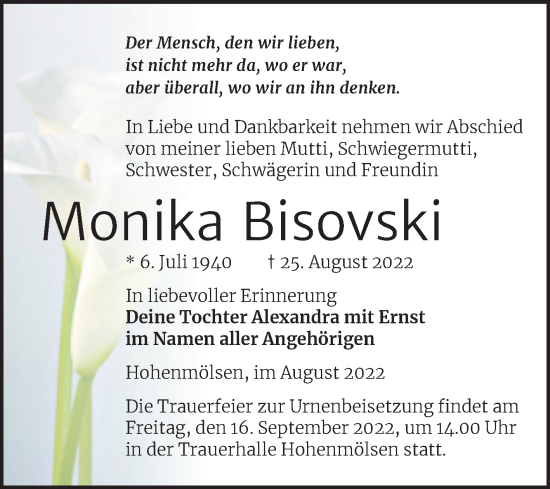 Traueranzeige von Monika Bisovski von Trauerkombi Weißenfels