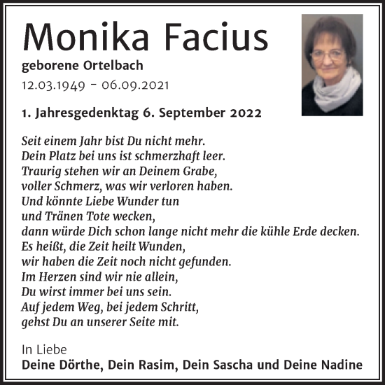 Traueranzeige von Monika Facius von Trauerkombi Wittenberg