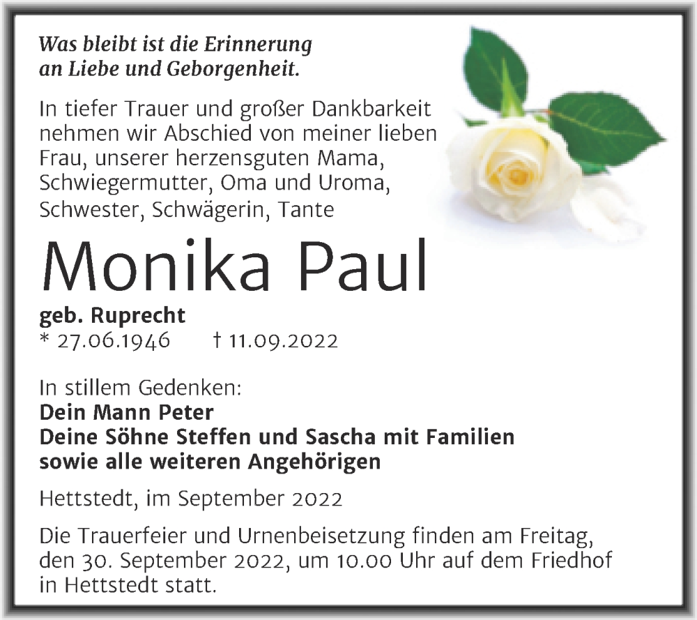  Traueranzeige für Monika Paul vom 21.09.2022 aus Trauerkombi Mansfelder Land