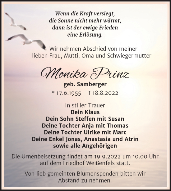 Traueranzeige von Monika Prinz von Trauerkombi Weißenfels