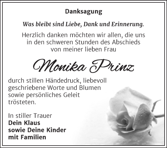 Traueranzeige von Monika Prinz von Trauerkombi Weißenfels