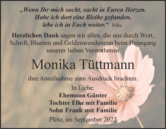 Traueranzeige von Monika Tüttmann von Mitteldeutsche Zeitung Halle/Saalkreis