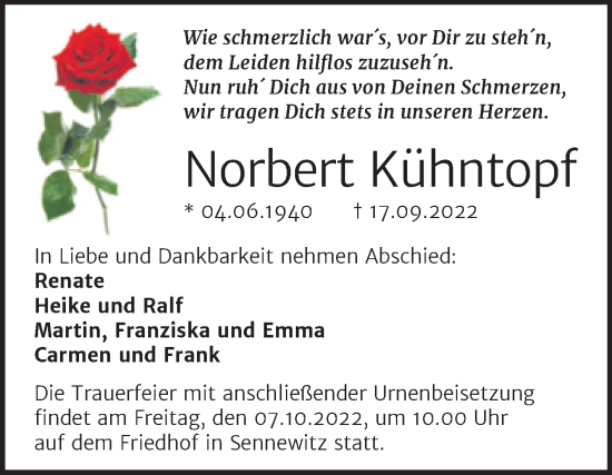 Traueranzeige von Norbert Kühntopf von Mitteldeutsche Zeitung Halle/Saalkreis